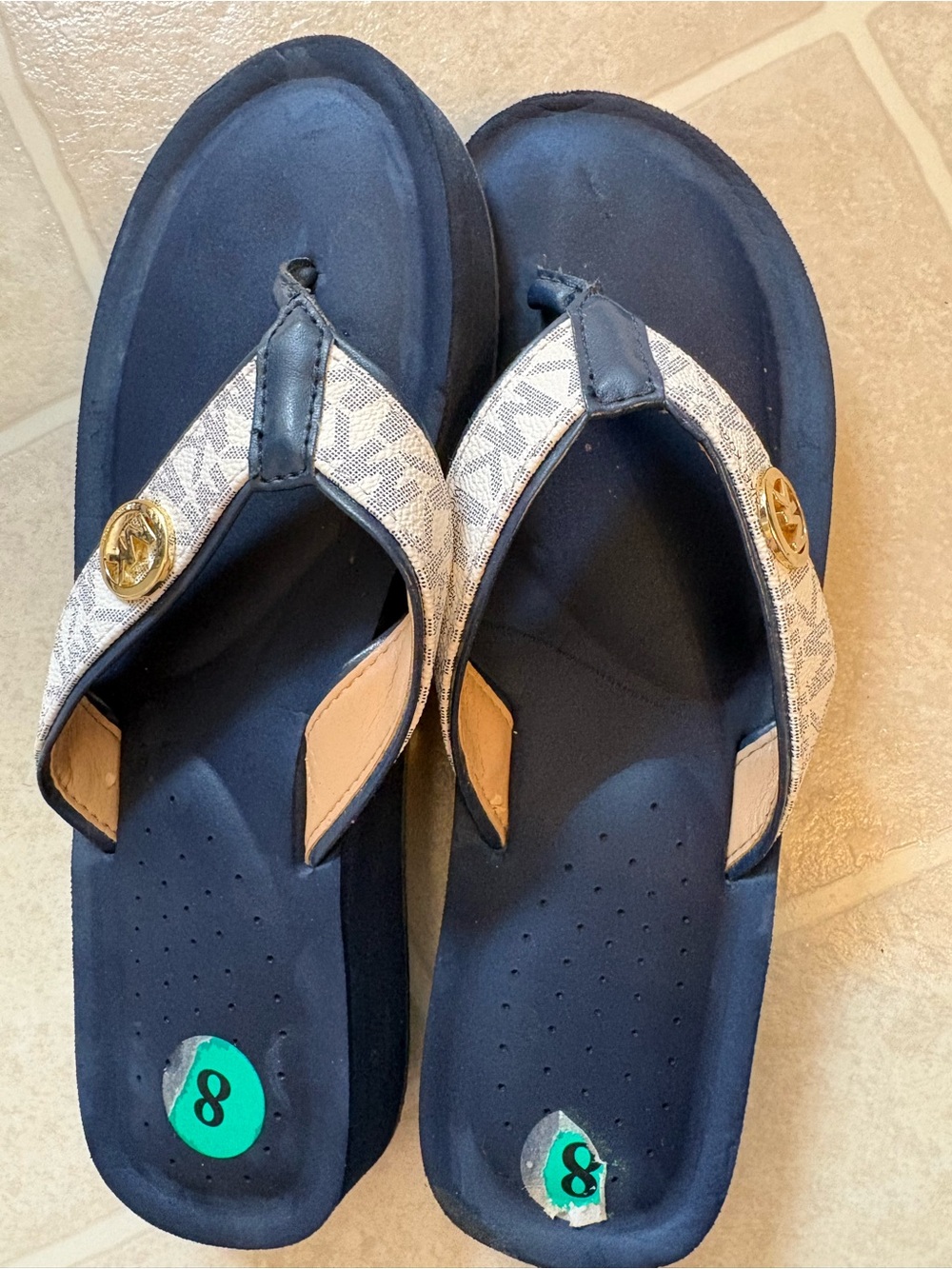 Michael Kors Navy and Beige Logo Flip Flops